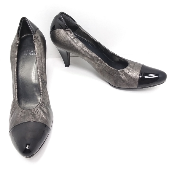 STUART WEITZMAN Pewter & Black Patent Logo Rubber Sole Elastic Sides Pum… - Picture 2 of 15